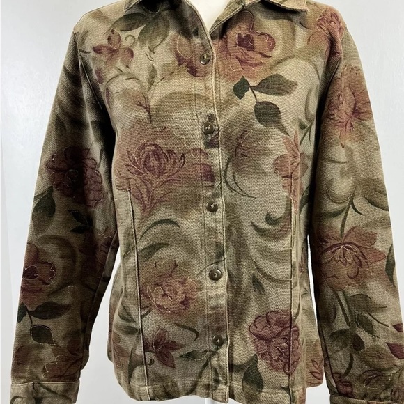 Chico’s Design Floral Cotton Green Jacket Gold Thread Embellished Size Large (2) - Picture 7 of 11